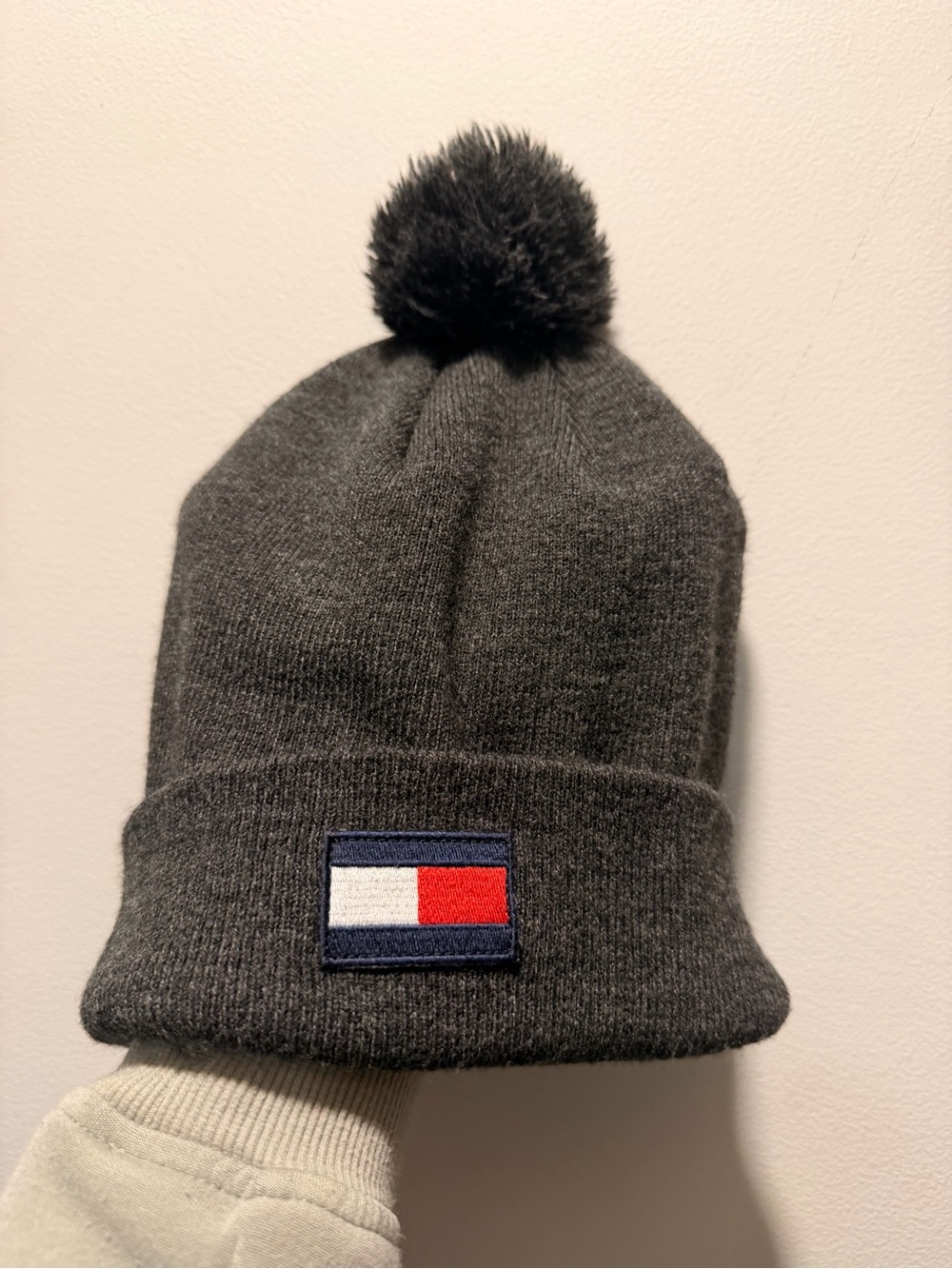 Tommy Hilfiger Charcoal Gray Pom Beanie with Flag Patch